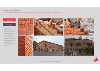©TEDI-PERÚ Jens Anthony Cabrera Meza
ALBAÑILERÍA CONFINADA
1.1. Unidades de albañilería -> Clasificación por su materia prima y fabricación
Material
Arcilla
Material
sedimentario de
partículas muy
pequeñas de sili
catos de alúmin
a hidratados,
además de otros
minerales como
el caolín, la
montmorillonita
y la illita.
 
