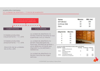 ©TEDI-PERÚ Jens Anthony Cabrera Meza
ALBAÑILERÍA CONFINADA
2.2. Unidades de albañilería -> Criterios de aceptación
CRITERIOS DE ACEPTACIÖN DE
LAS UNIDADES DE ALBAÑILERÍA
CUANTITATIVOS CUALITATIVOS
Unidades producidas
industrialmente -> V ≤ 20%
Unidades producidas
artesanalmente -> V ≤ 40%
Absorción de las unidades
de arcilla ≤ 22%
La unidad de albañilería no
tendrá materias extrañas en sus
superficies o en su interior.
La unidad de albañilería no
tendrá resquebrajaduras,
fracturas, hendiduras grietas u
otros defectos similares que
degraden su durabilidad o
resistencia
La unidad de albañilería no
tendrá manchas de origen
salitroso
 