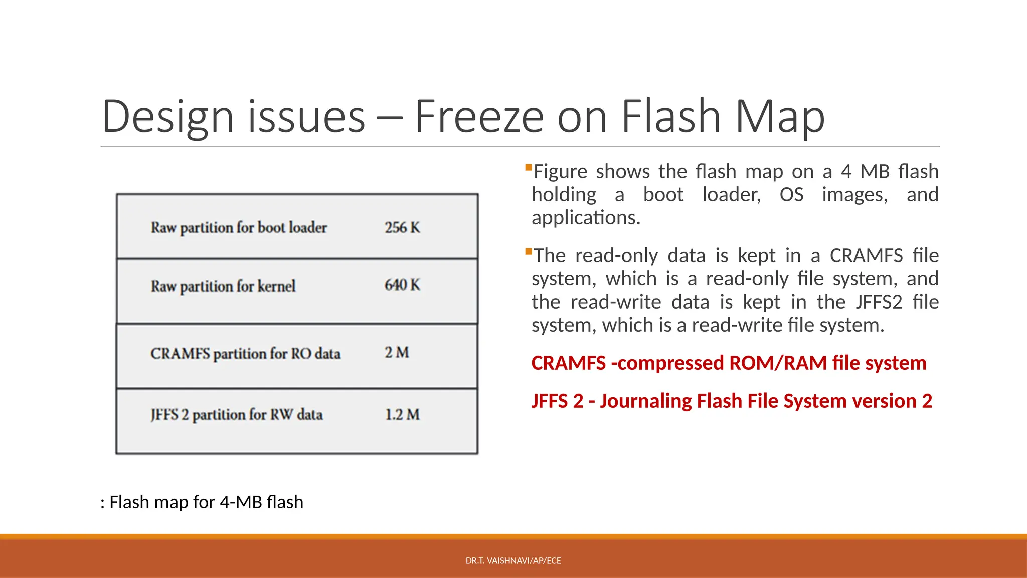 DR.T. VAISHNAVI/AP/ECE
Design issues – Freeze on Flash Map
Figure shows the flash map on a 4 MB flash
holding a boot loader, OS images, and
applications.
The read-only data is kept in a CRAMFS file
system, which is a read-only file system, and
the read-write data is kept in the JFFS2 file
system, which is a read-write file system.
CRAMFS -compressed ROM/RAM file system
JFFS 2 - Journaling Flash File System version 2
: Flash map for 4-MB flash
 
