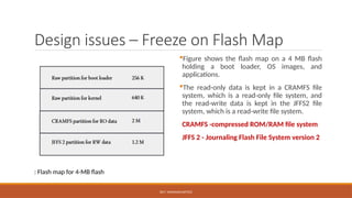 DR.T. VAISHNAVI/AP/ECE
Design issues – Freeze on Flash Map
Figure shows the flash map on a 4 MB flash
holding a boot loader, OS images, and
applications.
The read-only data is kept in a CRAMFS file
system, which is a read-only file system, and
the read-write data is kept in the JFFS2 file
system, which is a read-write file system.
CRAMFS -compressed ROM/RAM file system
JFFS 2 - Journaling Flash File System version 2
: Flash map for 4-MB flash
 