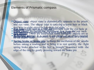 Elements of Prismatic compass
• Object vane: object vane is diametrically opposite to the prism
and eye vane. The object vane is carrying a horse hair or black
thin wire to sight object in line with eye sight.
• Eye vane: Eye vane is a fine slit provided with the eye hole at
bottom to bisect the object from slit.
• Glass cover: its covers the instrument box from the top such
that needle and graduated ring is seen from the top.
• Sun glasses: These are used when some luminous objects are to
be bisected.
• Reflecting mirror: It is used to get image of an object located
above or below the instrument level while bisection. It is placed
on the object vane.
• Spring brake or brake pin: to damp the oscillation of the needle
before taking a reading and to bring it to rest quickly, the light
spring brake attached to the box is brought in contact with the
edge of the ring by gently pressing inward the brake pin
 