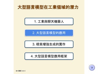 政大圖檔 112-2
2
大型語言模型在工業領域的潛力
1. 工業與聊天機器人
2. 大型語言模型的應用
3. 檢索增強生成的實作
4. 大型語言模型應用框架
 