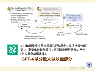 GPT-4以分數來做效能評分
28
(Makatura et al., 2024)
GPT依賴變項名稱來理解和評估設計。變項特徵分解
更小、更量化時較能評估。但空間推理評估能力不佳
(例如重心或穩定度)。
 