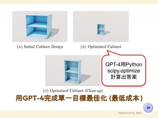 用GPT-4完成單一目標最佳化 (最低成本)
29
(Makatura et al., 2024)
GPT-4用Python
scipy.optimize
計算出答案
 