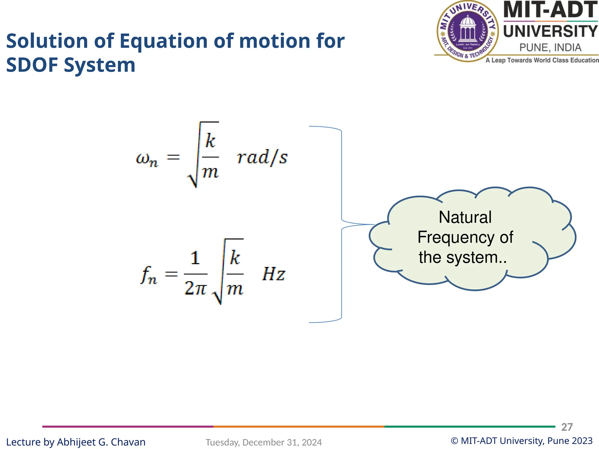 © MIT-ADT University, Pune 2023
Tuesday, December 31, 2024
27
Lecture by Abhijeet G. Chavan
Natural
Frequency of
the system..
Solution of Equation of motion for
SDOF System
 