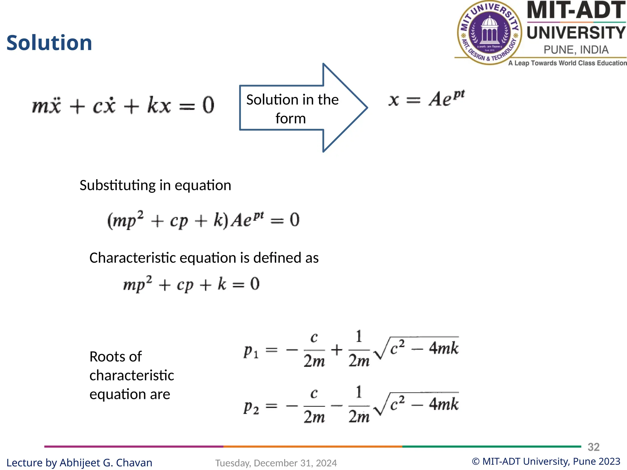 © MIT-ADT University, Pune 2023
Tuesday, December 31, 2024
32
Lecture by Abhijeet G. Chavan
Solution in the
form
Substituting in equation
Characteristic equation is defined as
Roots of
characteristic
equation are
Solution
 