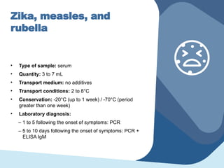 Zika, measles, and
rubella
• Type of sample: serum
• Quantity: 3 to 7 mL
• Transport medium: no additives
• Transport conditions: 2 to 8°C
• Conservation: -20°C (up to 1 week) / -70°C (period
greater than one week)
• Laboratory diagnosis:
– 1 to 5 following the onset of symptoms: PCR
– 5 to 10 days following the onset of symptoms: PCR +
ELISA IgM
 