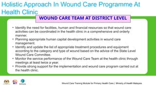 Wound Care Training Module for Primary Health Care | Ministry of Health Malaysia
Holistic Approach In Wound Care Programme At
Health Clinic
WOUND CARE TEAM AT DISTRICT LEVEL
• Identify the need for facilities, human and financial resources so that wound care
activities can be coordinated in the health clinic in a comprehensive and orderly
manner.
• Planning appropriate human capital development activities in wound care
management.
• Identify and update the list of appropriate treatment procedures and equipment
according to the category and type of wound based on the advice of the State Level
Wound Care Committee.
• Monitor the service performance of the Wound Care Team at the health clinic through
meetings at least twice a year.
• Provide strong support for the implementation and wound care program carried out at
the health clinic.
 
