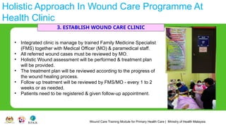 Wound Care Training Module for Primary Health Care | Ministry of Health Malaysia
Holistic Approach In Wound Care Programme At
Health Clinic
3. ESTABLISH WOUND CARE CLINIC
• Integrated clinic is manage by trained Family Medicine Specialist
(FMS) together with Medical Officer (MO) & paramedical staff.
• All referred wound cases must be reviewed by MO.
• Holistic Wound assessment will be performed & treatment plan
will be provided.
• The treatment plan will be reviewed according to the progress of
the wound healing process.
• Follow up treatment will be reviewed by FMS/MO - every 1 to 2
weeks or as needed.
• Patients need to be registered & given follow-up appointment.
 