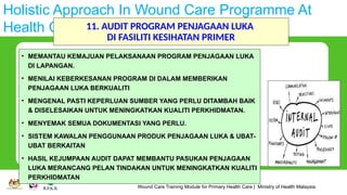 Wound Care Training Module for Primary Health Care | Ministry of Health Malaysia
Holistic Approach In Wound Care Programme At
Health Clinic 11. AUDIT PROGRAM PENJAGAAN LUKA
DI FASILITI KESIHATAN PRIMER
• MEMANTAU KEMAJUAN PELAKSANAAN PROGRAM PENJAGAAN LUKA
DI LAPANGAN.
• MENILAI KEBERKESANAN PROGRAM DI DALAM MEMBERIKAN
PENJAGAAN LUKA BERKUALITI
• MENGENAL PASTI KEPERLUAN SUMBER YANG PERLU DITAMBAH BAIK
& DISELESAIKAN UNTUK MENINGKATKAN KUALITI PERKHIDMATAN.
• MENYEMAK SEMUA DOKUMENTASI YANG PERLU.
• SISTEM KAWALAN PENGGUNAAN PRODUK PENJAGAAN LUKA & UBAT-
UBAT BERKAITAN
• HASIL KEJUMPAAN AUDIT DAPAT MEMBANTU PASUKAN PENJAGAAN
LUKA MERANCANG PELAN TINDAKAN UNTUK MENINGKATKAN KUALITI
PERKHIDMATAN
 