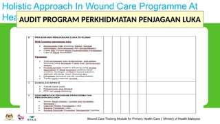 Wound Care Training Module for Primary Health Care | Ministry of Health Malaysia
Holistic Approach In Wound Care Programme At
Health Clinic
AUDIT PROGRAM PERKHIDMATAN PENJAGAAN LUKA
 