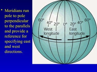 • Meridians run
pole to pole
perpendicular
to the parallels
and provide a
reference for
specifying east
and west
directions.
 