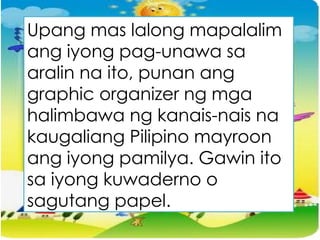 Upang mas lalong mapalalim
ang iyong pag-unawa sa
aralin na ito, punan ang
graphic organizer ng mga
halimbawa ng kanais-nais na
kaugaliang Pilipino mayroon
ang iyong pamilya. Gawin ito
sa iyong kuwaderno o
sagutang papel.
 