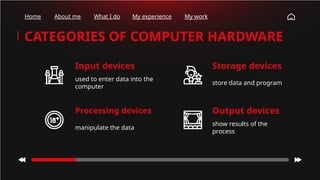 Home About me What I do My experience My work
CATEGORIES OF COMPUTER HARDWARE
manipulate the data
Input devices
used to enter data into the
computer
Processing devices
Storage devices
store data and program
Output devices
show results of the
process
 
