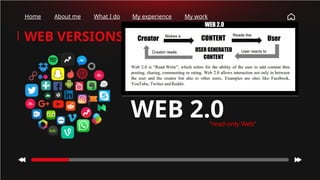 WEB 2.0
"read-only Web”
WEB VERSIONS
Home About me What I do My experience My work
 