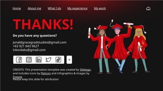 CREDITS: This presentation template was created by Slidesgo,
and includes icons by Flaticon and infographics & images by
Freepik
THANKS!
Do you have any questions?
jonaldgracegradstudies@gmail.com
+63 921 043 9627
inkonlabs@gmail.com
Please keep this slide for attribution
Home About me What I do My experience My work
 