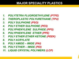 MAJOR SPECIALITY PLASTICS
1. POLYTETRA FLUOROETHYLENE (PTFE)
2. THEROPLASTIC POLYURETHANE (TPU)
3. POLY SULPHONE (PSO)
4. POLY ETHER SULPHONE (PES)
5. POLYPHENYLENE SULPHIDE (PPS)
6. POLYPHENYLENE ETHER (PPE)
7. POLY ETHER ETHER KETONE (PEEK)
8. POLY ACRYLATE
9. POLY AMIDE – IMIDE (PAI)
10. POLY ETHER – IMIDE (PEI)
11. LIQUID CRYSTAL POLYMERS (LCP)
 