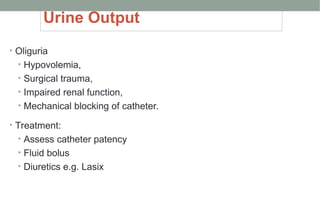 Urine Output
• Oliguria
• Hypovolemia,
• Surgical trauma,
• Impaired renal function,
• Mechanical blocking of catheter.
• Treatment:
• Assess catheter patency
• Fluid bolus
• Diuretics e.g. Lasix
 