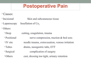 Causes:
Incisional Skin and subcutaneous tissue
Laparoscopy Insuflation of Co2
Others:
Deep cutting, coagulation, trauma
Positional nerve compression, traction & bed sore.
IV site needle trauma, extravasation, venous irritation
Tubes drains, nasogastric tube, ETT
Surgical complication of surgery
Others cast, dressing too tight, urinary retention
Postoperative Pain
 