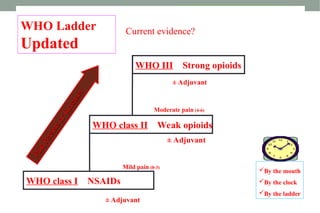 WHO III Strong opioids
Mild pain (0-3)
Moderate pain (4-6)
Severe pain (7-10)
± Adjuvant
± Adjuvant
± Adjuvant
P
a
i
n
P
e
r
s
i
s
t
s
o
r
I
n
c
r
e
a
s
e
s
P
a
i
n
P
e
r
s
i
s
t
s
o
r
I
n
c
r
e
a
s
e
s
WHO IV Interventional
By the mouth
By the clock
By the ladder
Current evidence?
WHO Ladder
Updated
WHO class II Weak opioids
WHO class I NSAIDs
 