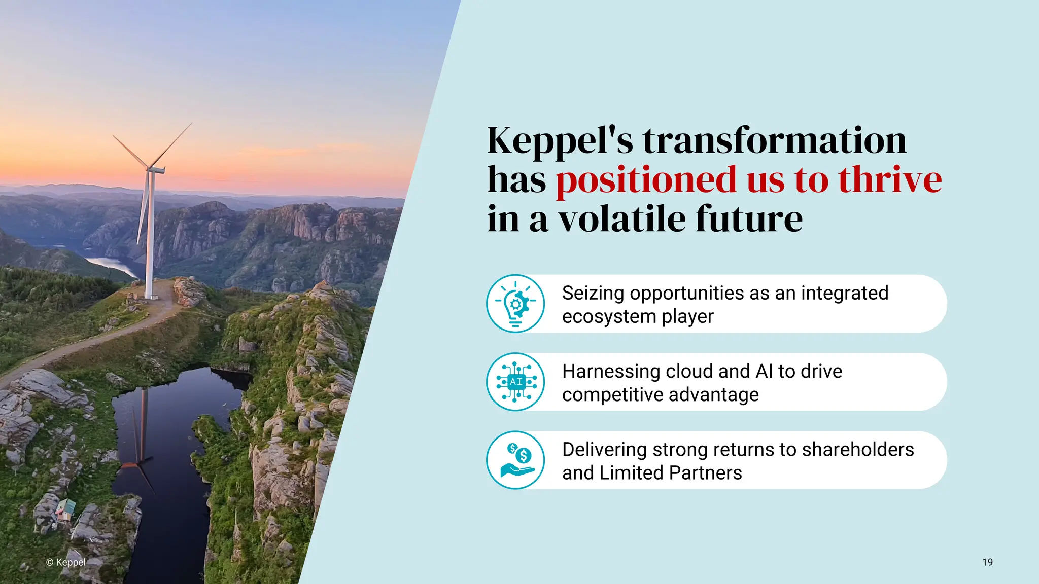 Seizing opportunities as an integrated
ecosystem player
Harnessing cloud and AI to drive
competitive advantage
Delivering strong returns to shareholders
and Limited Partners
Keppel's transformation
has positioned us to thrive
in a volatile future
© Keppel 19
 