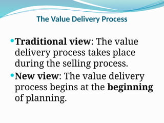 The Value Delivery Process
Traditional view: The value
delivery process takes place
during the selling process.
New view: The value delivery
process begins at the beginning
of planning.
 