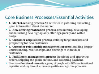 Core Business Processes/Essential Activities
 1. Market-sensing process-All activities in gathering and acting
upon information about the market.
 2. New-offering realization process-Researching, developing,
and launching new high-quality offerings quickly and within
budget.
 3. Customer acquisition process-Defining target markets and
prospecting for new customers.
 4. Customer relationship management process-Building deeper
understanding, relationships, and offerings to individual
customers.
 5. Fulfillment management process-Receiving and approving
orders, shipping the goods on time, and collecting payment.
 Use cross-functional teams (is a group of people with different functional
expertise working toward a common goal) to manage core processes.
 