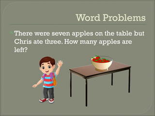 Word Problems
There were seven apples on the table but
Chris ate three. How many apples are
left?
 