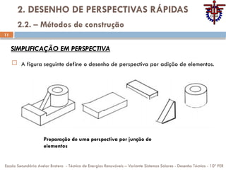 11
2. DESENHO DE PERSPECTIVAS RÁPIDAS
 A figura seguinte define o desenho de perspectiva por adição de elementos.
Escola Secundária Avelar Brotero - Técnico de Energias Renováveis – Variante Sistemas Solares - Desenho Técnico - 10º PER
2.2. – Métodos de construção
SIMPLIFICAÇÃO EM PERSPECTIVA
Preparação de uma perspectiva por junção de
elementos
 