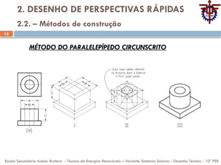 15
2. DESENHO DE PERSPECTIVAS RÁPIDAS
Escola Secundária Avelar Brotero - Técnico de Energias Renováveis – Variante Sistemas Solares - Desenho Técnico - 10º PER
2.2. – Métodos de construção
MÉTODO DO PARALELEPÍPEDO CIRCUNSCRITO
 
