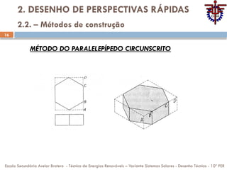 16
2. DESENHO DE PERSPECTIVAS RÁPIDAS
Escola Secundária Avelar Brotero - Técnico de Energias Renováveis – Variante Sistemas Solares - Desenho Técnico - 10º PER
2.2. – Métodos de construção
MÉTODO DO PARALELEPÍPEDO CIRCUNSCRITO
 