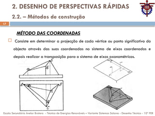 17
2. DESENHO DE PERSPECTIVAS RÁPIDAS
 Consiste em determinar a projecção de cada vértice ou ponto significativo do
objecto através das suas coordenadas no sistema de eixos coordenados e
depois realizar a transposição para o sistema de eixos axonométricos.
Escola Secundária Avelar Brotero - Técnico de Energias Renováveis – Variante Sistemas Solares - Desenho Técnico - 10º PER
2.2. – Métodos de construção
MÉTODO DAS COORDENADAS
 