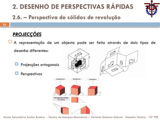 21
2. DESENHO DE PERSPECTIVAS RÁPIDAS
 A representação de um objecto pode ser feita através de dois tipos de
desenho diferentes:
 Projecções ortogonais
 Perspectivas
Escola Secundária Avelar Brotero - Técnico de Energias Renováveis – Variante Sistemas Solares - Desenho Técnico - 10º PER
2.6. – Perspectiva de sólidos de revolução
PROJECÇÕES
 