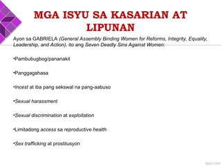 Ayon sa GABRIELA (General Assembly Binding Women for Reforms, Integrity, Equality,
Leadership, and Action), ito ang Seven Deadly Sins Against Women:
•Pambubugbog/pananakit
•Panggagahasa
•Incest at iba pang sekswal na pang-aabuso
•Sexual harassment
•Sexual discrimination at exploitation
•Limitadong access sa reproductive health
•Sex trafficking at prostitusyon
MGA ISYU SA KASARIAN AT
LIPUNAN
 