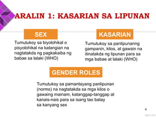 SEX
GENDER ROLES
KASARIAN
4
ARALIN 1: KASARIAN SA LIPUNAN
Tumutukoy sa biyolohikal o
pisyolohikal na katangian na
nagtatakda ng pagkakaiba ng
babae sa lalaki (WHO)
Tumutukoy sa panlipunanng
gampanin, kilos, at gawain na
itinatakda ng lipunan para sa
mga babae at lalaki (WHO)
Tumutukoy sa pamantayang panlipunan
(norms) na nagtatakda sa mga kilos o
gawaing mainam, katanggap-tanggap at
kanais-nais para sa isang tao batay
sa kanyang sex
 