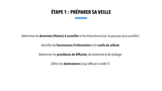 Déterminer les domaines (thèmes) à surveiller en les hiérarchisant (on ne peut pas tout surveiller)
Identi
fi
er les fournisseurs d'information et les outils de collecte
Déterminer les procédures de diffusion, de traitement et de stockage
Dé
fi
nir les destinataires (à qui diffuser la veille ?)
ÉTAPE 1 : PRÉPARER SA VEILLE
 