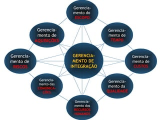 Gerencia-
mento do
ESCOPO
Gerencia-
mento de
AQUISIÇÕES
Gerencia-
mento de
RISCOS
Gerencia-
mento de
CUSTOS
Gerencia-
mento das
COMUNICA-
ÇÕES
Gerencia-
mento da
QUALIDADE
Gerencia-
mento dos
RECURSOS
HUMANOS
Gerencia-
mento de
TEMPO
GERENCIA-
MENTO DE
INTEGRAÇÃO
 