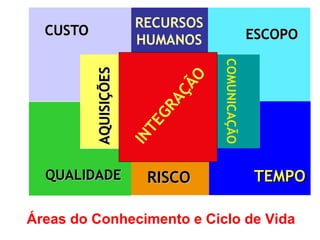 ESCOPO
ESCOPO
TEMPO
TEMPO
CUSTO
CUSTO
QUALIDADE
QUALIDADE
RECURSOS
HUMANOS
RISCO
RISCO
COMUNICAÇÃO
AQUISIÇÕES
AQUISIÇÕES
I
N
T
E
G
R
A
Ç
Ã
O
Áreas do Conhecimento e Ciclo de Vida
 