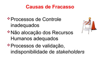 Processos de Controle
inadequados
Não alocação dos Recursos
Humanos adequados
Processos de validação,
indisponibilidade de stakeholders
Causas de Fracasso
 