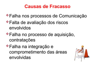 Falha nos processos de Comunicação
Falta de avaliação dos riscos
envolvidos
Falha no processo de aquisição,
contratações
Falha na integração e
comprometimento das áreas
envolvidas
Causas de Fracasso
 