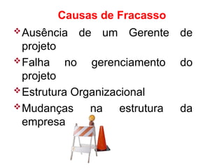 Ausência de um Gerente de
projeto
Falha no gerenciamento do
projeto
Estrutura Organizacional
Mudanças na estrutura da
empresa
Causas de Fracasso
 