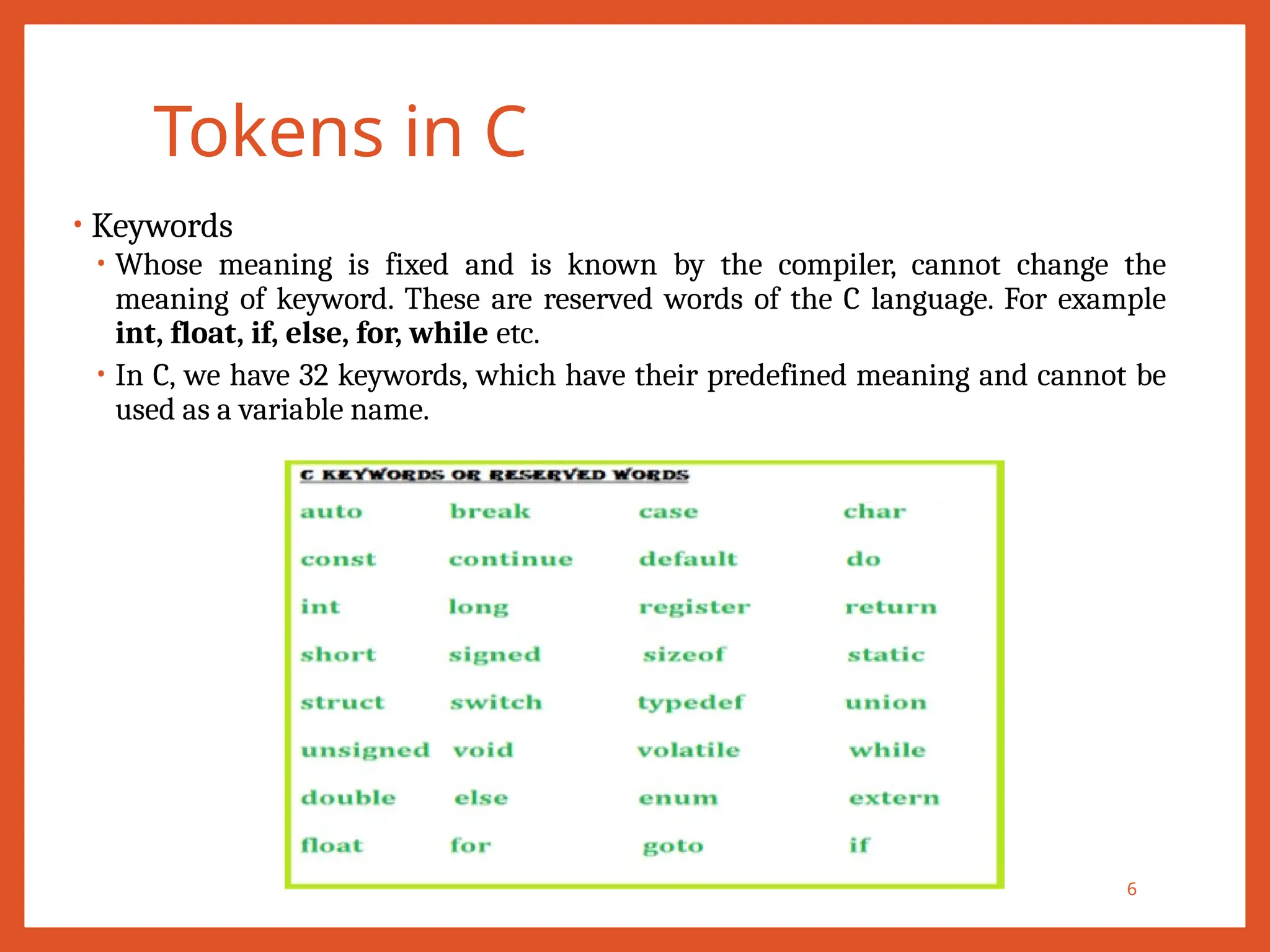 Tokens in C
6
• Keywords
• Whose meaning is fixed and is known by the compiler, cannot change the
meaning of keyword. These are reserved words of the C language. For example
int, float, if, else, for, while etc.
• In C, we have 32 keywords, which have their predefined meaning and cannot be
used as a variable name.
 