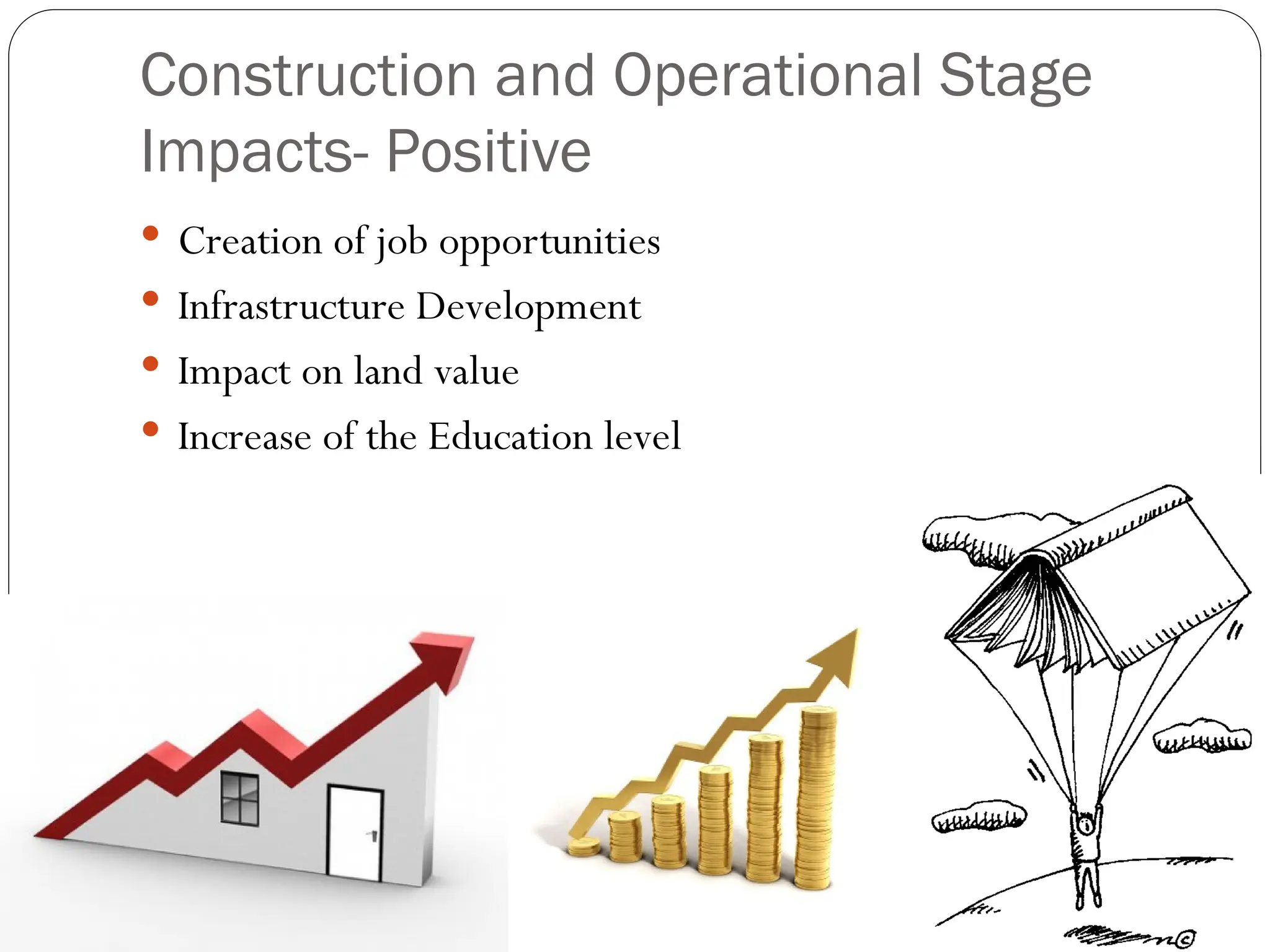 Construction and Operational Stage
Impacts- Positive
 Creation of job opportunities
 Infrastructure Development
 Impact on land value
 Increase of the Education level
 