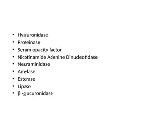 • Hyaluronidase
• Proteinase
• Serum opacity factor
• Nicotinamide Adenine Dinucleotidase
• Neuraminidase
• Amylase
• Esterase
• Lipase
• β -glucuronidase
 