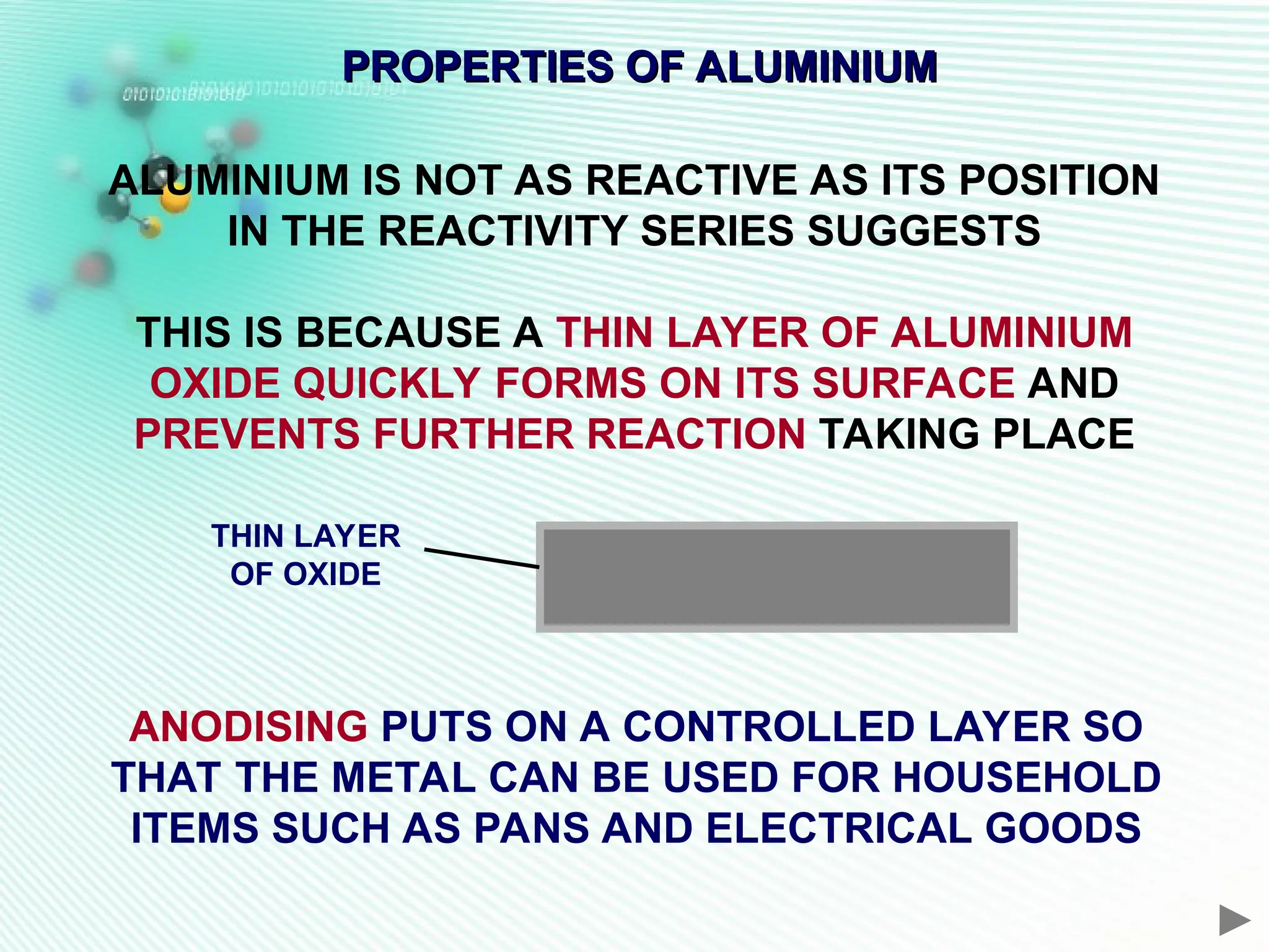 PROPERTIES OF ALUMINIUM
PROPERTIES OF ALUMINIUM
ALUMINIUM IS NOT AS REACTIVE AS ITS POSITION
IN THE REACTIVITY SERIES SUGGESTS
THIS IS BECAUSE A THIN LAYER OF ALUMINIUM
OXIDE QUICKLY FORMS ON ITS SURFACE AND
PREVENTS FURTHER REACTION TAKING PLACE
THIN LAYER
OF OXIDE
ANODISING PUTS ON A CONTROLLED LAYER SO
THAT THE METAL CAN BE USED FOR HOUSEHOLD
ITEMS SUCH AS PANS AND ELECTRICAL GOODS
 