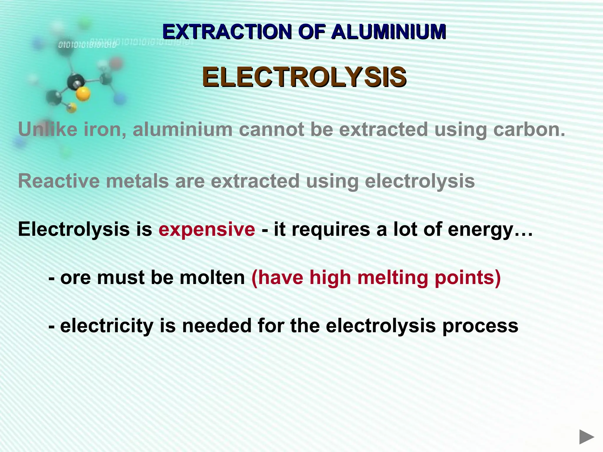 EXTRACTION OF ALUMINIUM
EXTRACTION OF ALUMINIUM
ELECTROLYSIS
ELECTROLYSIS
Unlike iron, aluminium cannot be extracted using carbon.
Reactive metals are extracted using electrolysis
Electrolysis is expensive - it requires a lot of energy…
- ore must be molten (have high melting points)
- electricity is needed for the electrolysis process
 