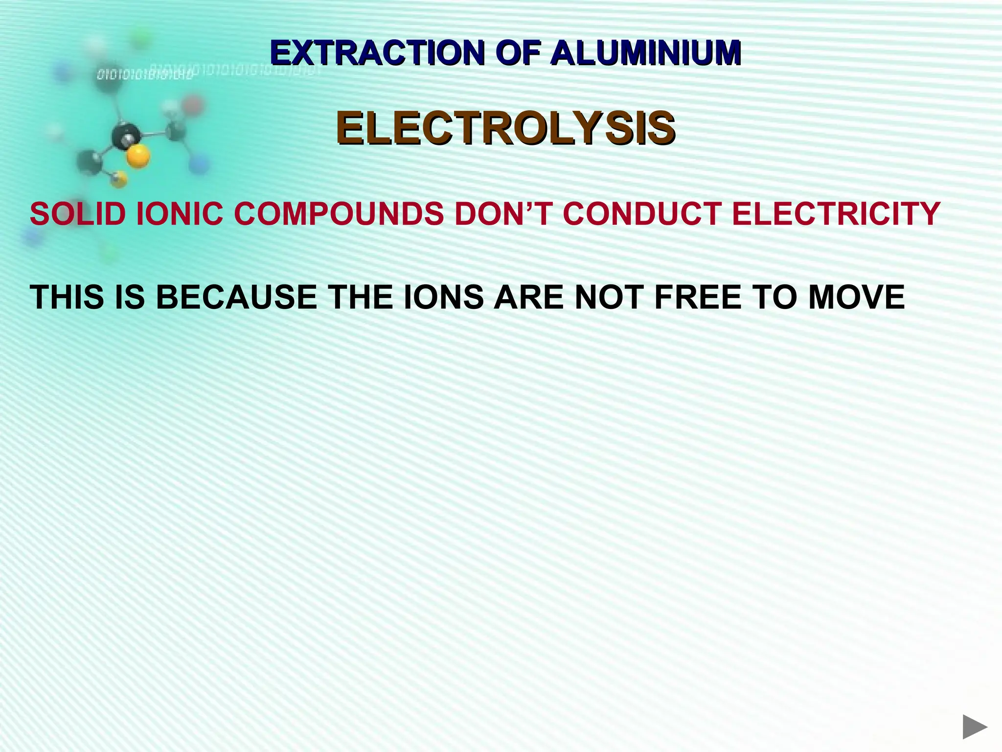 EXTRACTION OF ALUMINIUM
EXTRACTION OF ALUMINIUM
ELECTROLYSIS
ELECTROLYSIS
SOLID IONIC COMPOUNDS DON’T CONDUCT ELECTRICITY
THIS IS BECAUSE THE IONS ARE NOT FREE TO MOVE
 