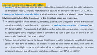  Apoios: “A ultrapassagem do limite de faltas estabelecido no regulamento interno da escola relativamente
às atividades de apoio (…) implica a imediata exclusão do aluno das atividades” (Artº 19º da Lei 51/2012).
Excesso grave de faltas às atividades letivas – faltas injustificadas superiores ao dobro do número de tempos
letivos semanais (incluem faltas disciplinares – ordem de saída da sala de aula e suspensão).
 “A ultrapassagem dos limites de faltas injustificadas (…) constitui uma violação dos deveres de frequência e
assiduidade e obriga o aluno faltoso ao cumprimento de medidas de recuperação e ou corretivas” (Artº
19º da Lei 51/2012) – “cumprimento de atividades, a definir pela escola, que permitam recuperar atrasos
na aprendizagem e/ou a integração escolar e comunitária do aluno e pelas quais os alunos e os seus
encarregados de educação são corresponsáveis”.
 “sempre que a gravidade especial da situação o justifique, a respetiva comissão de proteção de crianças e
jovens em risco deve ser informada do excesso de faltas do aluno menor de idade, assim como dos
procedimentos e diligências até então adotados pela escola e pelos encarregados de educação, procurando
em conjunto soluções para ultrapassar a sua falta de assiduidade” (artº 18º da Lei 51/2012)
Efeitos de excesso grave de faltas
 
