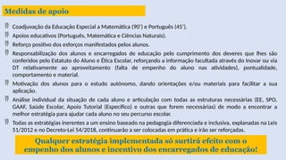 Medidas de apoio
 Coadjuvação da Educação Especial a Matemática (90’) e Português (45’).
 Apoios educativos (Português, Matemática e Ciências Naturais).
 Reforço positivo dos esforços manifestados pelos alunos.
 Responsabilização dos alunos e encarregados de educação pelo cumprimento dos deveres que lhes são
conferidos pelo Estatuto do Aluno e Ética Escolar, reforçando a informação facultada através do Inovar ou via
DT relativamente ao aproveitamento (falta de empenho do aluno nas atividades), pontualidade,
comportamento e material.
 Motivação dos alunos para o estudo autónomo, dando orientações e/ou materiais para facilitar a sua
aplicação.
 Análise individual da situação de cada aluno e articulação com todas as estruturas necessárias (EE, SPO,
GAAF, Saúde Escolar, Apoio Tutorial (Específico) e outras que forem necessárias) de modo a encontrar a
melhor estratégia para ajudar cada aluno no seu percurso escolar.
 Todas as estratégias inerentes a um ensino baseado na pedagogia diferenciada e inclusiva, explanadas na Leis
51/2012 e no Decreto-Lei 54/2018, continuarão a ser colocadas em prática e irão ser reforçadas.
Qualquer estratégia implementada só surtirá efeito com o
empenho dos alunos e incentivo dos encarregados de educação!
 