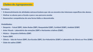 Permitem:
• O desenvolvimento de atividades extracurriculares que vão ao encontro dos interesses específicos dos alunos.
• Motivar os alunos para a Escola e para o seu percurso escolar.
• Desenvolver competências de uma forma lúdica e descontraída.
Modalidades:
• Desporto – Futsal (EBP), Sobre Rodas (EBP), Basquetebol (EBP), Corfebol (ESBF), Andebol (ESBF)
• Artes Visuais - Laboratório das emoções (EBP) e Horizontes criativos (ESBF).
• Música – Orquestra Sinfónica (EBP)
• Teatro (EBP)
• Ciência – Sala do Futuro (EBP), Eco-Escolas (EBP), Eco-Voluntários (ESBF) e Laboratório de Ciência ao Vivo (ESBF).
• Clube de xadrez (ESBF)
Clubes do Agrupamento
 